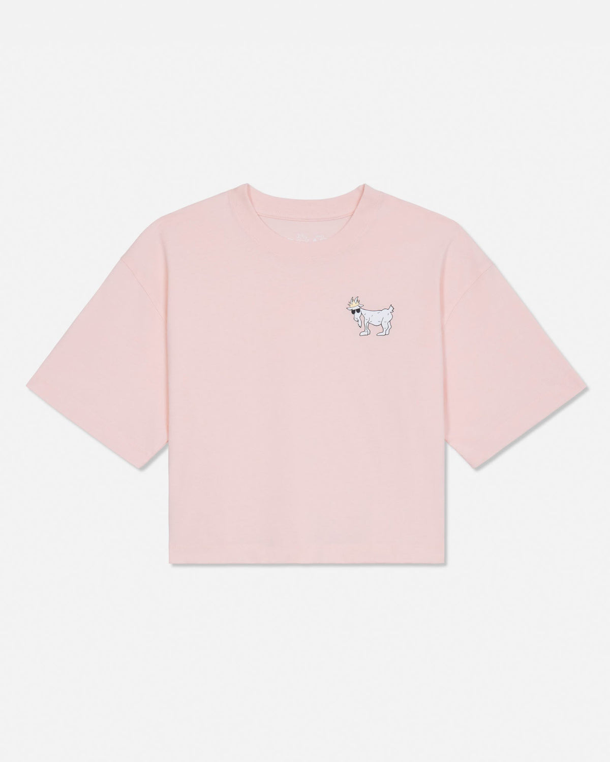 A light pink short-sleeve t-shirt with a small white and blue embroidered dog graphic on the left chest, displayed on a clean white background.#color_peach-blush