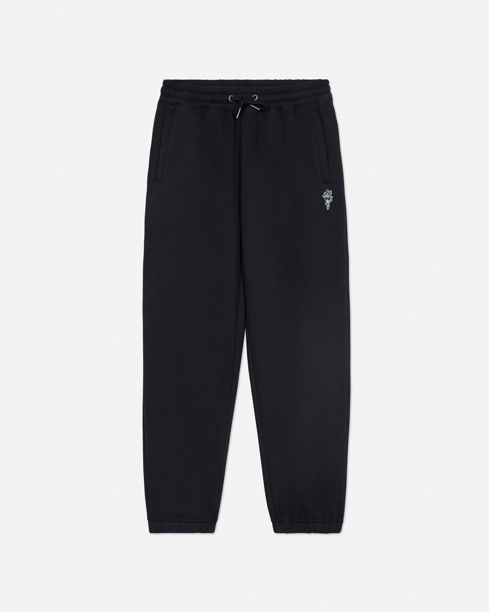 Black sweatpants with a small white logo on a light gray background#color_black