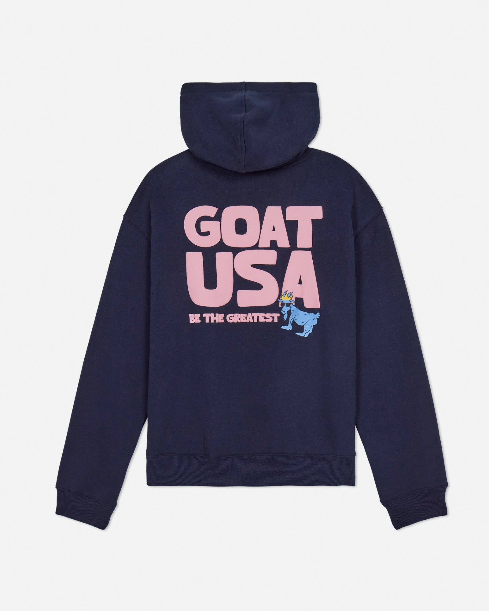 Back of navy oversized hoodie with GOAT USA graphic#color_navy