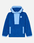 Blue sherpa jacket with light blue accents on a light gray background