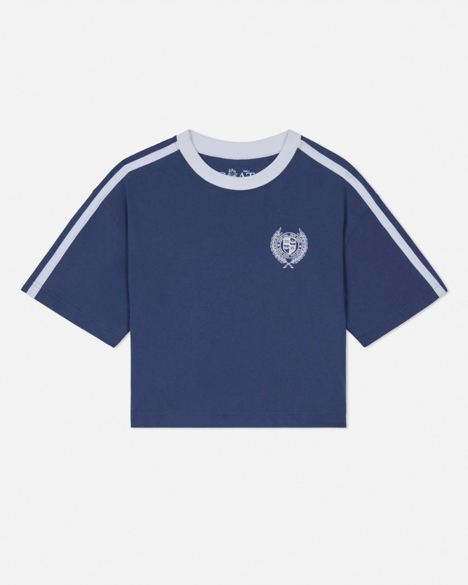 Navy blue t-shirt with white stripes on sleeves and collar, featuring a logo on a light gray background#color_navy