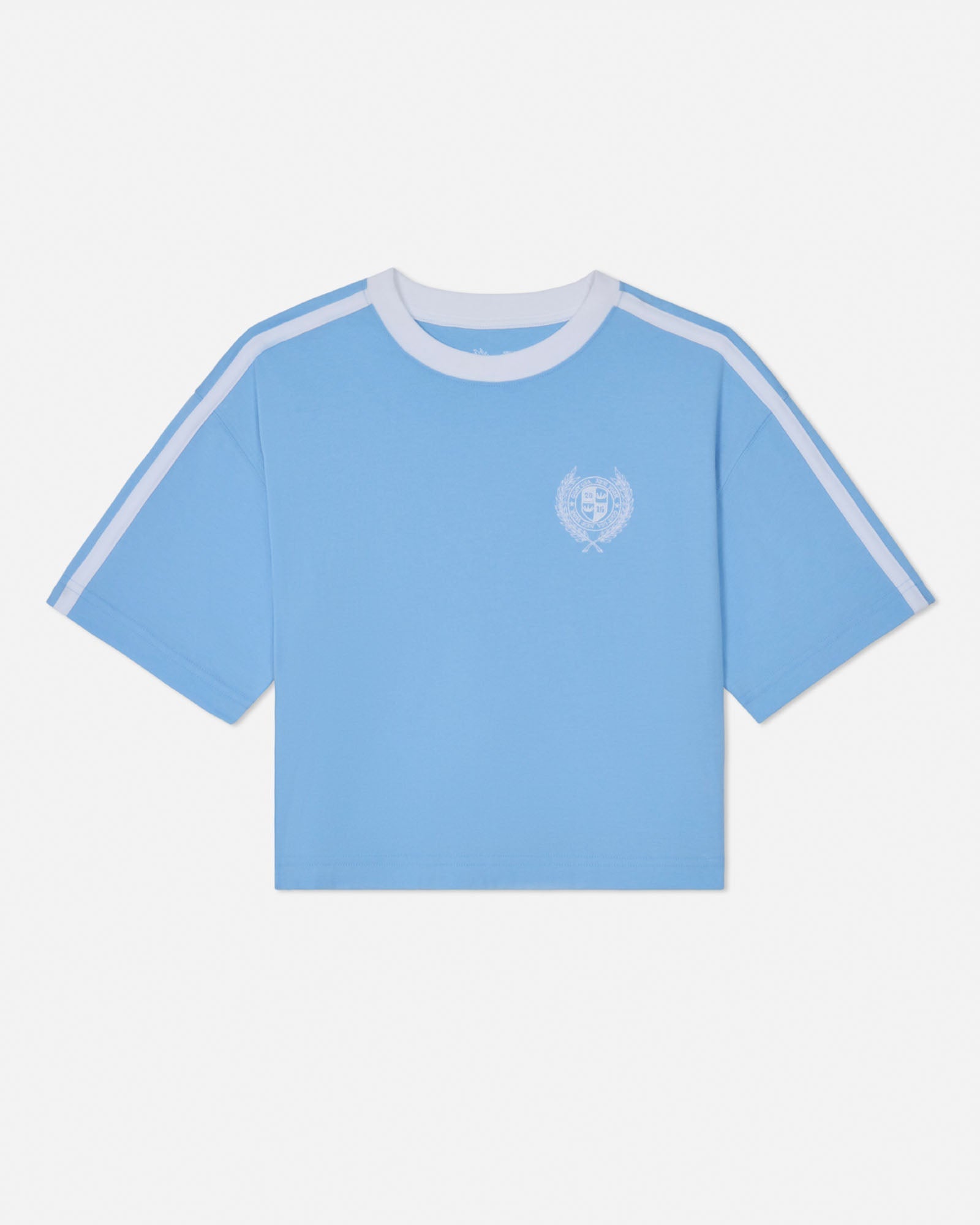 Light blue t-shirt with white stripes on sleeves and collar against a light gray background#color_carolina-blue
