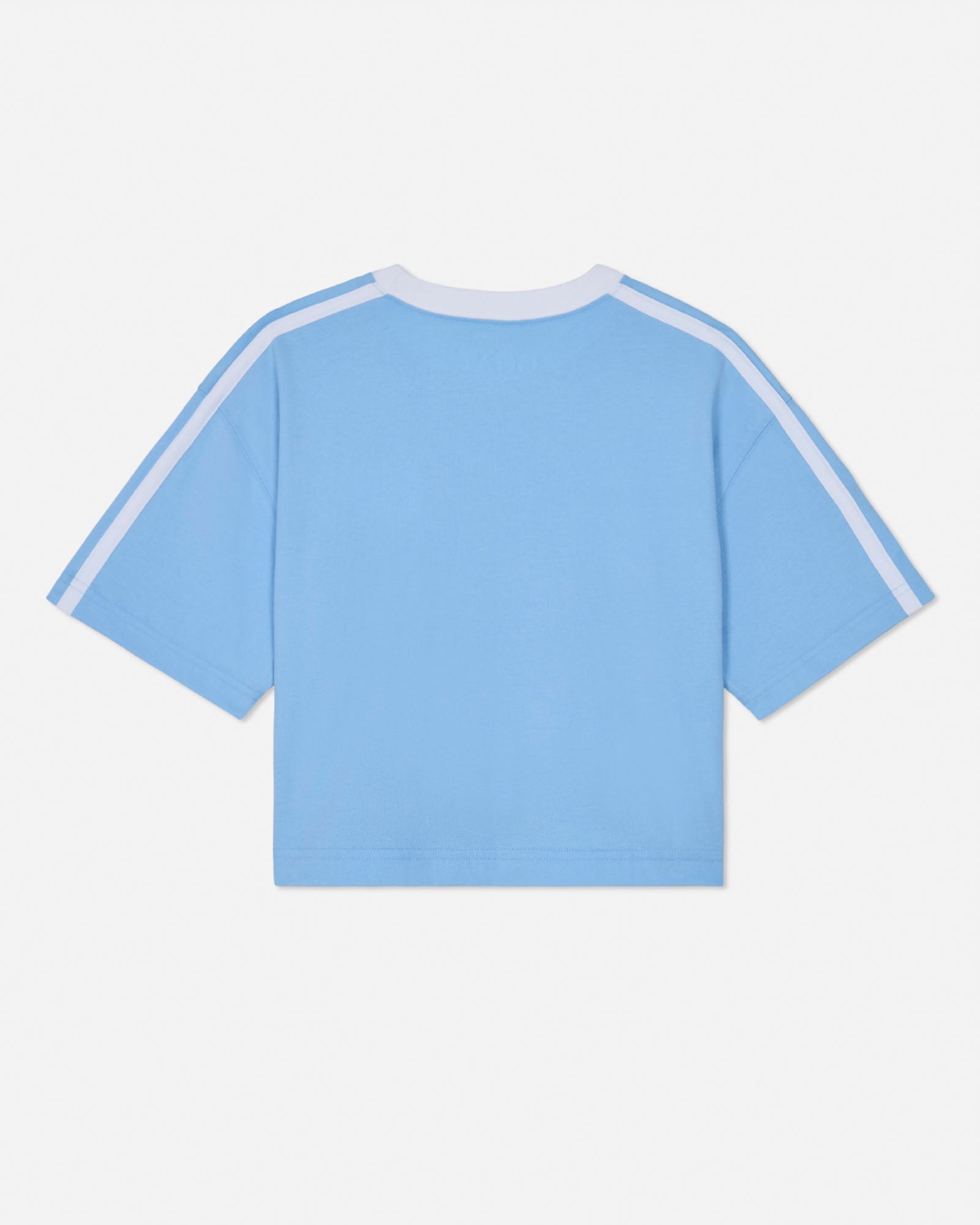 Light blue t-shirt with white stripes on sleeves against a light gray background#color_carolina-blue