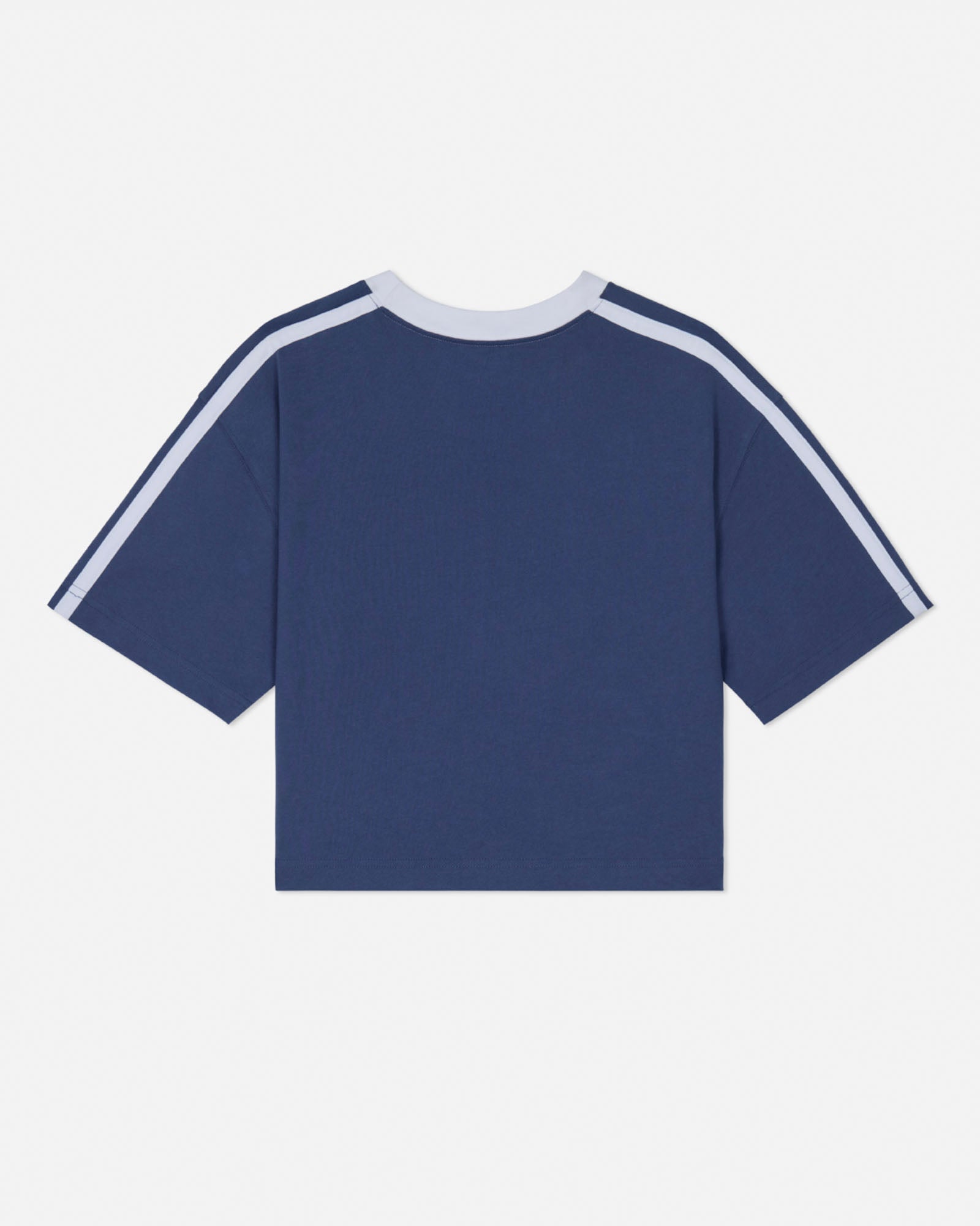 Navy t-shirt with white stripes on sleeves against a white background#color_navy