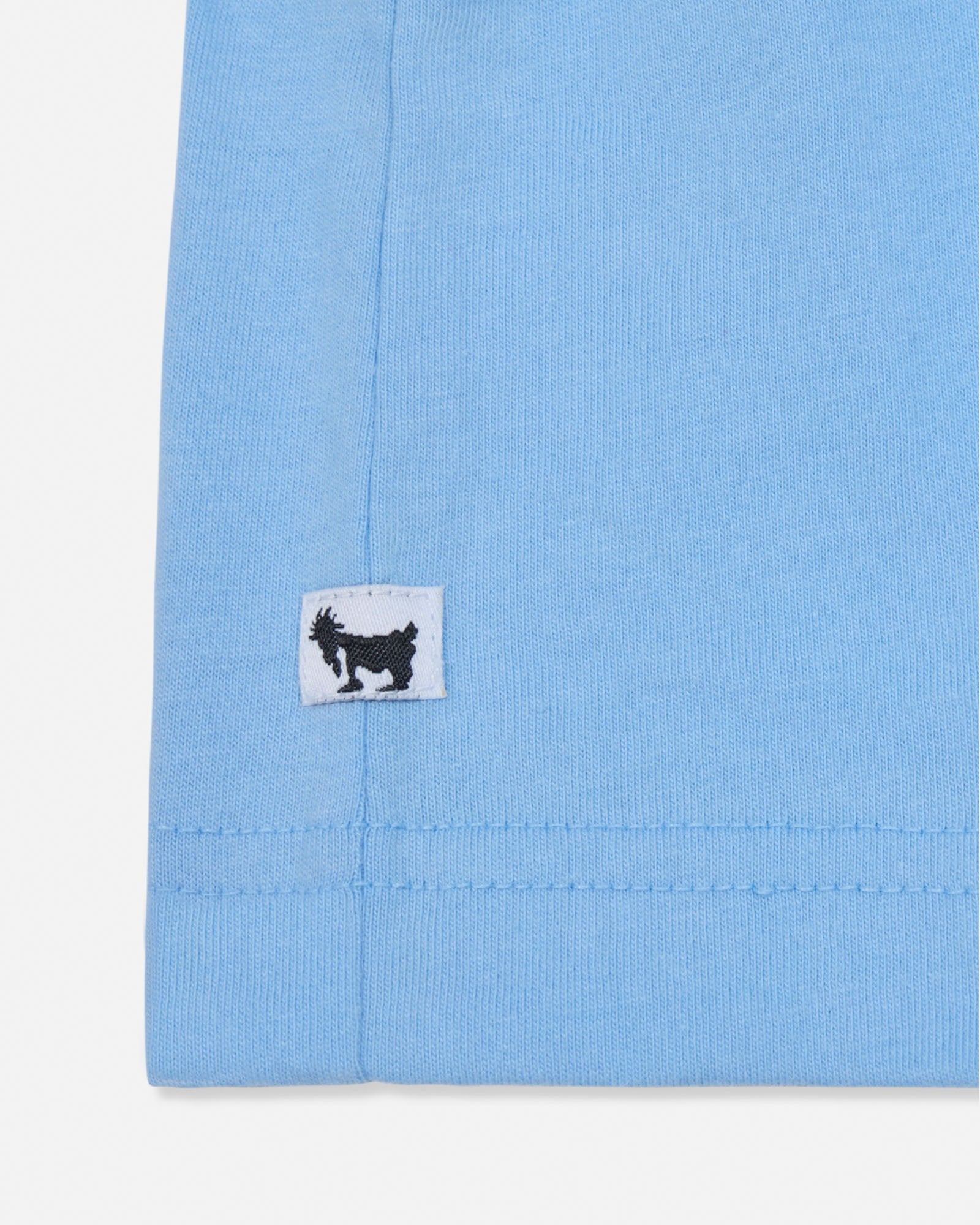 Close-up of a light blue fabric with a small logo on a white background#color_carolina-blue