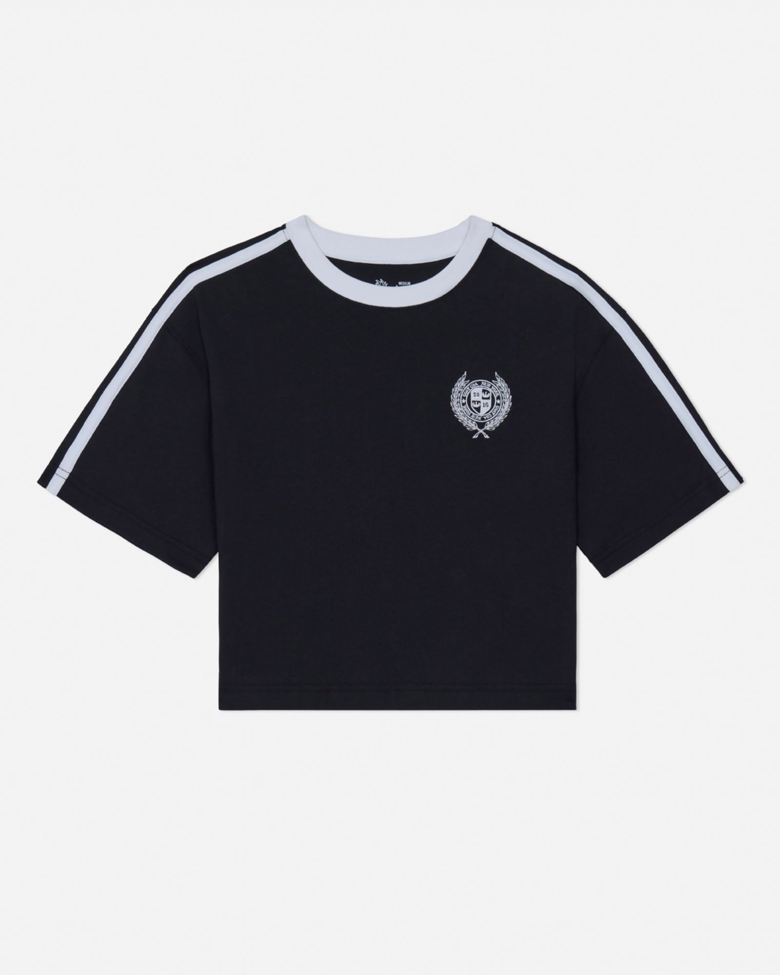 Black t-shirt with white stripes on sleeves and a logo on a white background#color_black