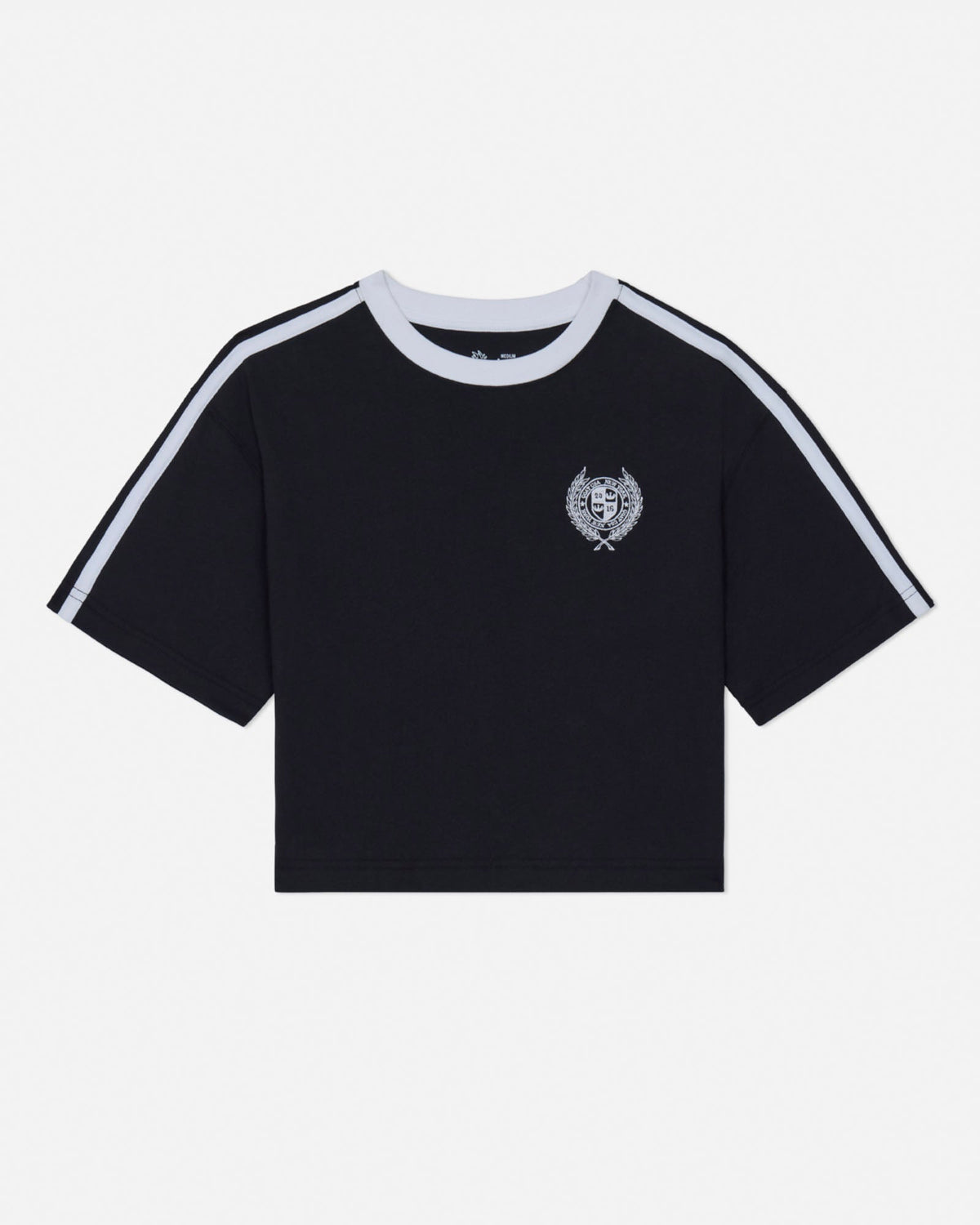 Black t-shirt with white stripes on sleeves and a logo on a white background#color_black