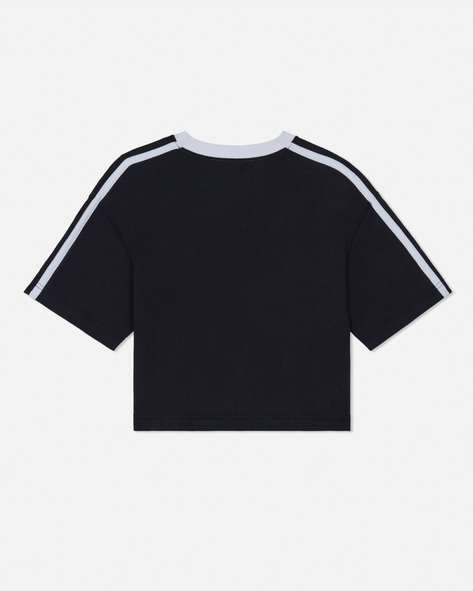 Black t-shirt with white stripes on sleeves against a white background#color_black