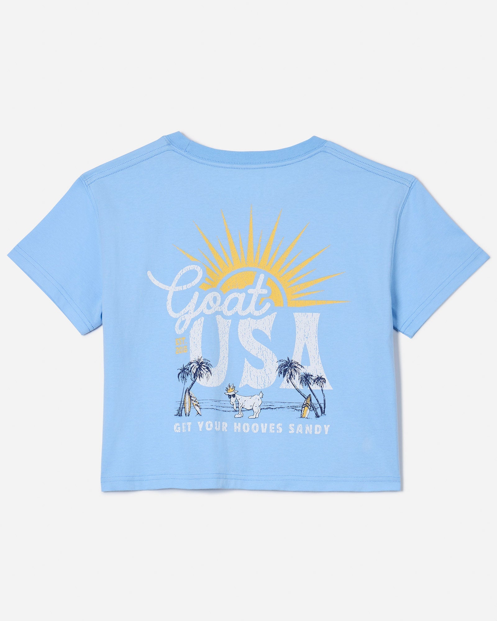 Back of carolina blue crop top with goat on a beach graphic