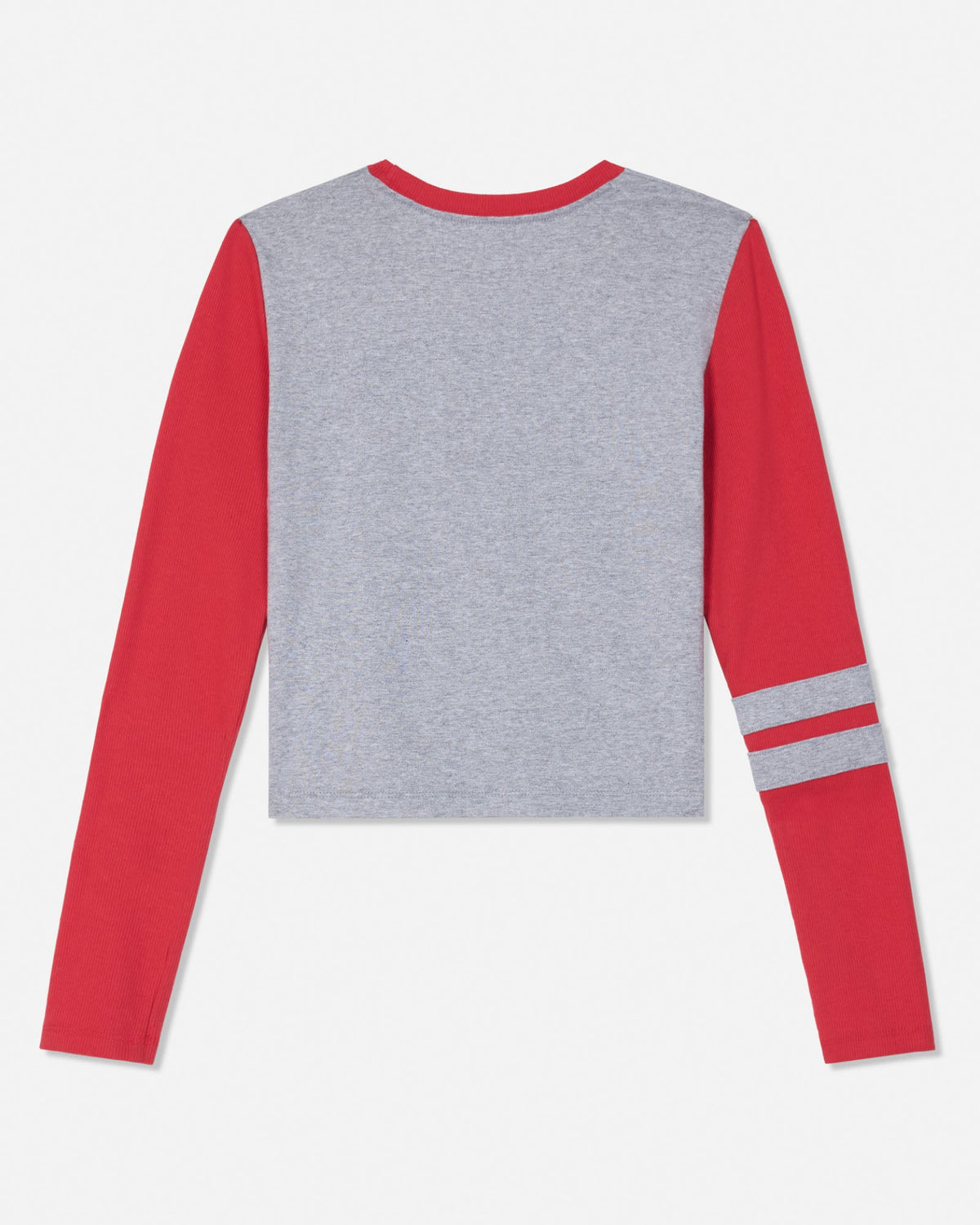 A cropped long-sleeve top with a heather gray body and bright red sleeves, featuring two horizontal gray stripes on the right sleeve, shown against a plain white background.
