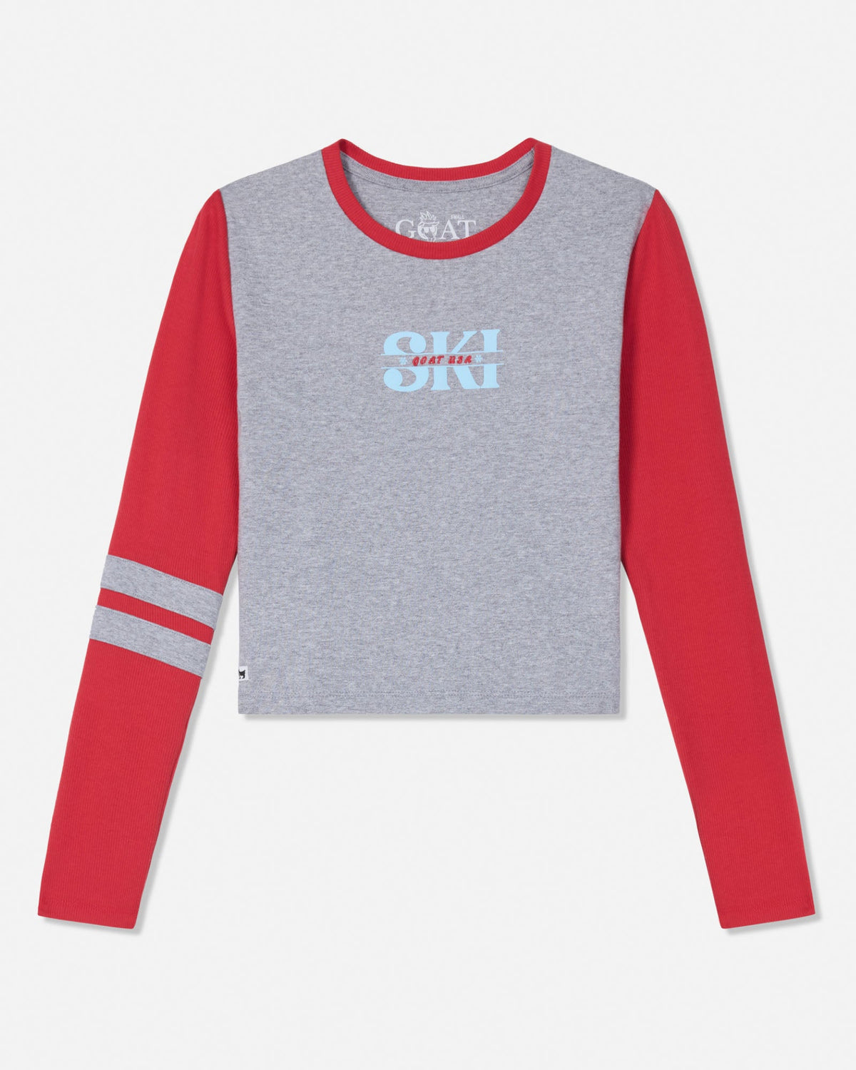 A long-sleeve crop top by GOAT featuring a heather gray body and bright red sleeves, with a light blue 'SKI' graphic on the chest and double gray stripes on one sleeve.