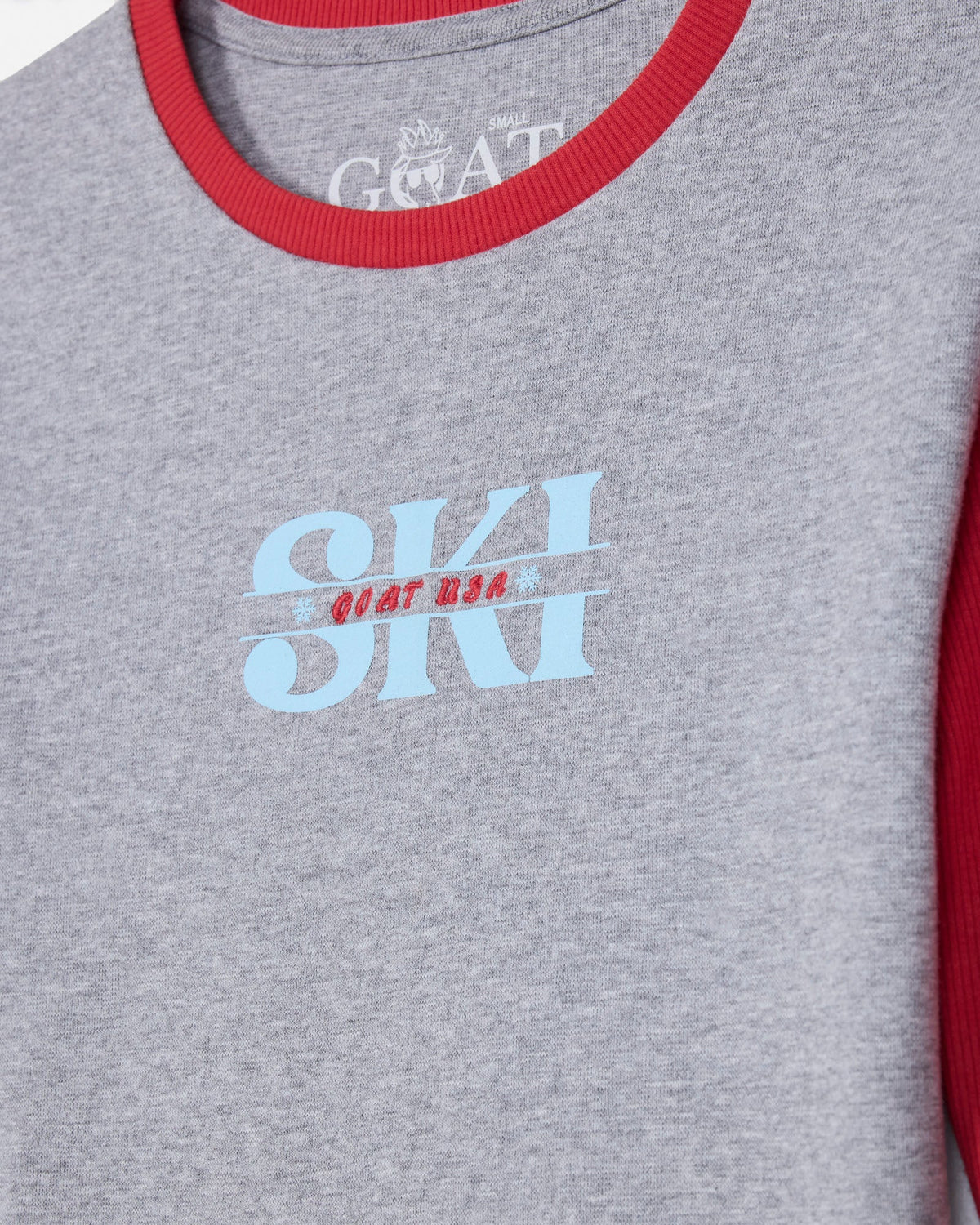 Close-up of a heather gray ringer t-shirt with a red ribbed crew neck and sleeve trim, featuring a light blue and red graphic print on the chest.