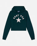 A dark teal cropped hoodie with 'GOAT USA' and a star graphic on the front, displayed on a clean white background.