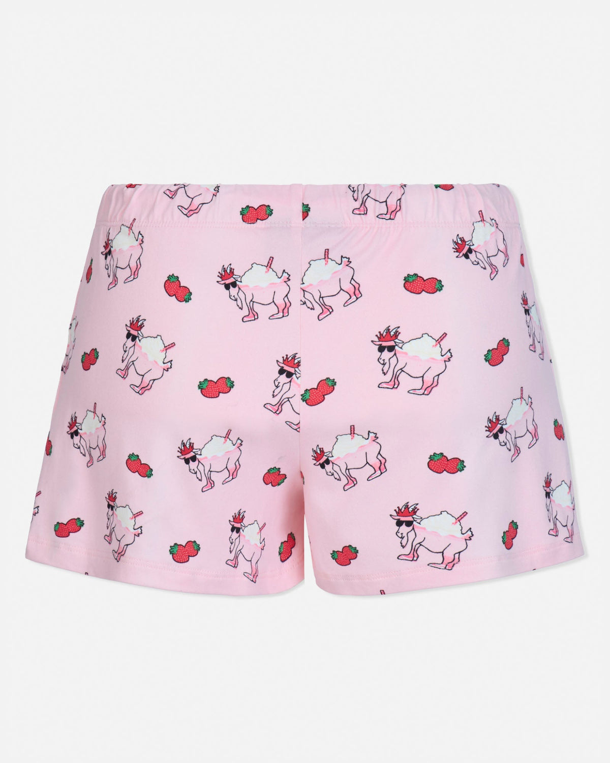 Pink shorts with goat and strawberry pattern on a white background