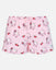 Pink shorts with cartoon character and strawberry pattern on a white background