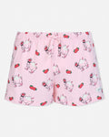 Pink shorts with cartoon character and strawberry pattern on a white background