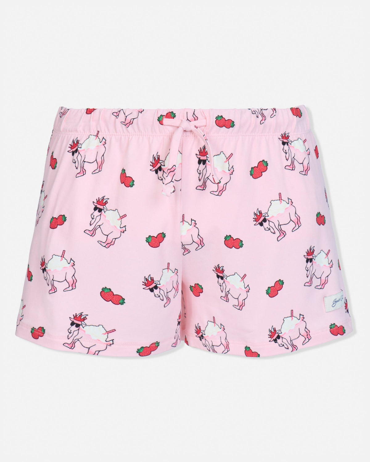 Pink shorts with cartoon character and strawberry pattern on a white background
