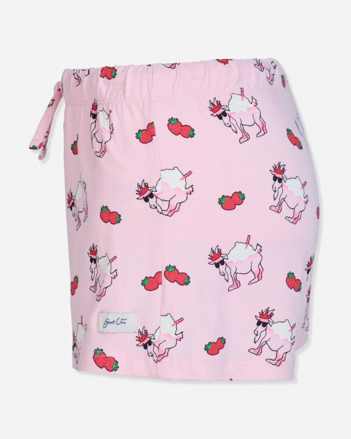 Pink drawstring bag with cartoon designs of goats and strawberries on a white background