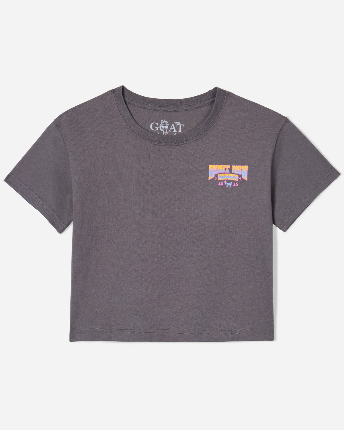Front of pepper crop top with with yellow-blue gradient text left-chest logo