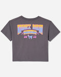 Back of pepper crop top with with yellow-blue gradient text