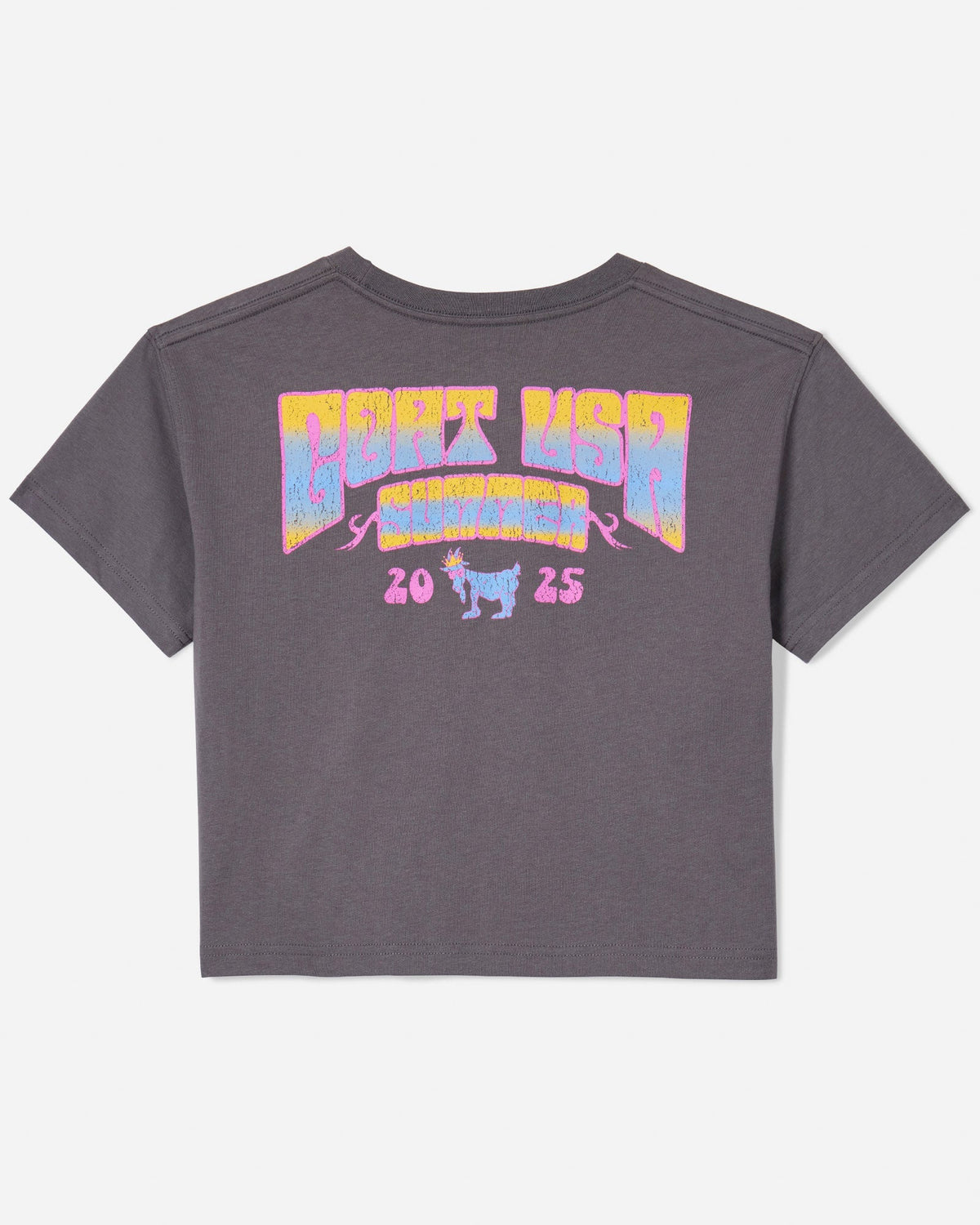 Back of pepper crop top with with yellow-blue gradient text