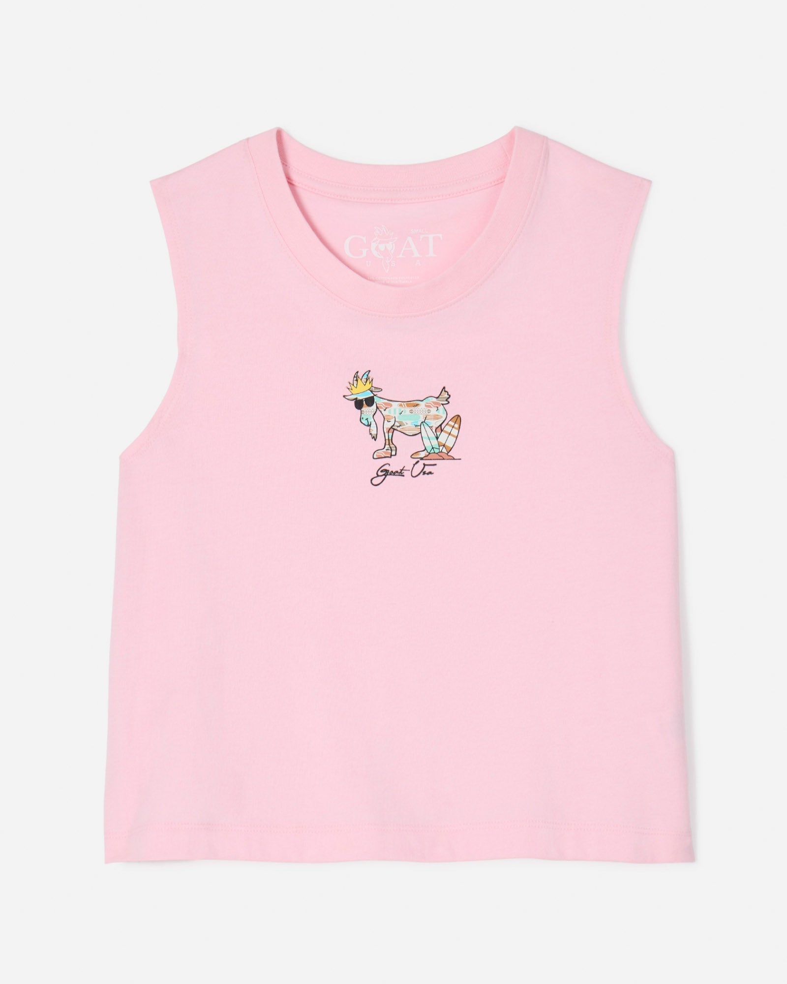 Front of pink women's cut tank top with surfboard goat center-chest design