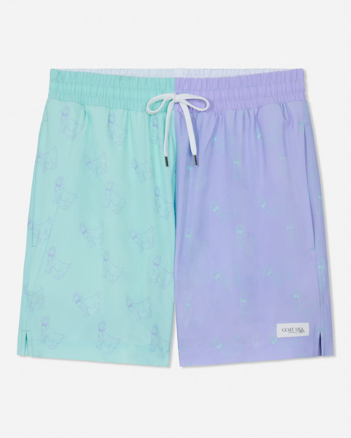 Two-tone mint and periwinkle bathing suit with a drawstring on a white background