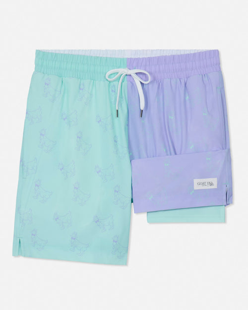 Two-tone mint and periwinkle bathing suit on a white background.