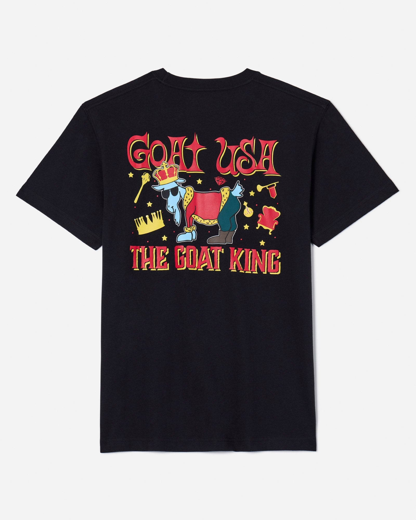 Back of black t-shirt with Chuck the GOAT dressed as a king design