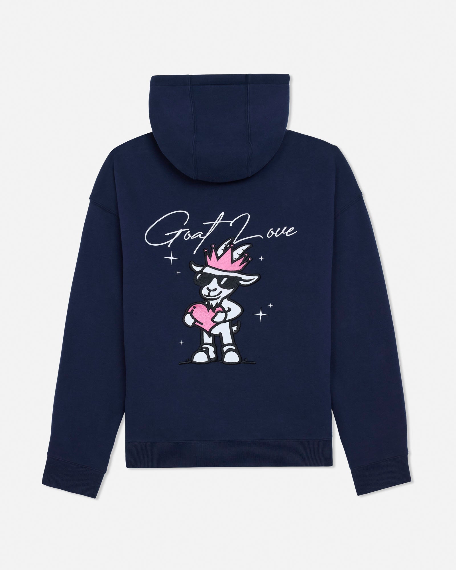 Navy blue hoodie with a graphic design on the back against a white background