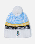 A light blue and white patterned knit beanie with a white pom-pom, a yellow stripe, a black and white chevron stripe, and a white ribbed cuff featuring a small embroidered blue character.