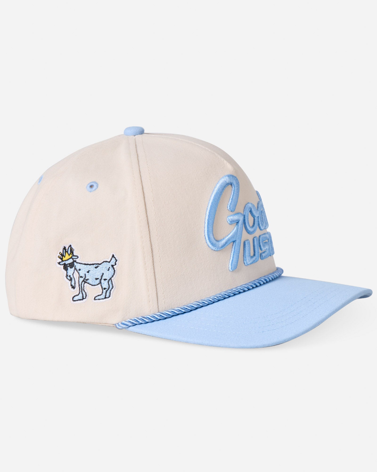Angled view of carolina blue "GOAT USA" snapback hat with Chuck the GOAT patch #color_carolina_blue 