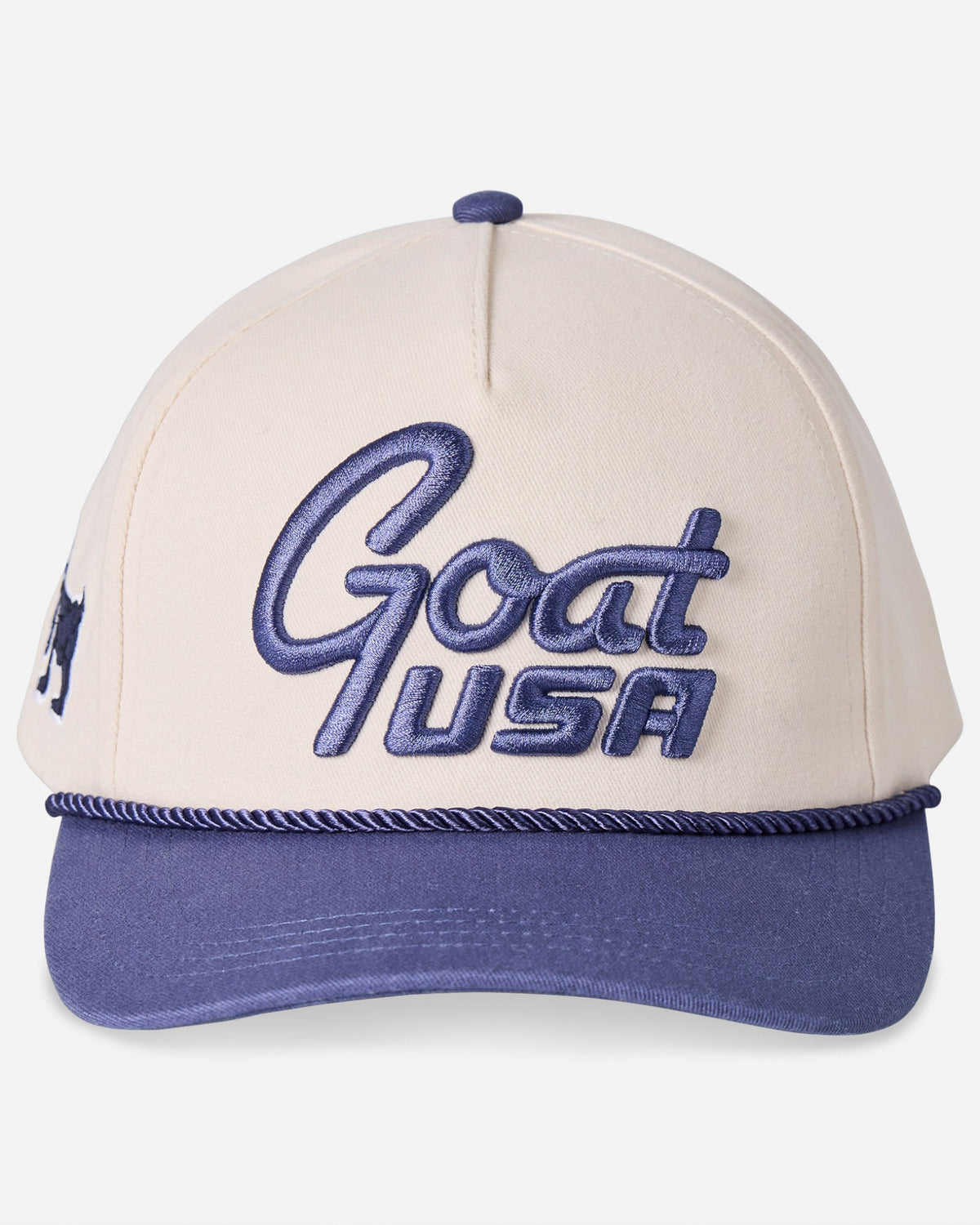 Head-on shot of navy "GOAT USA" snapback hat #color_navy