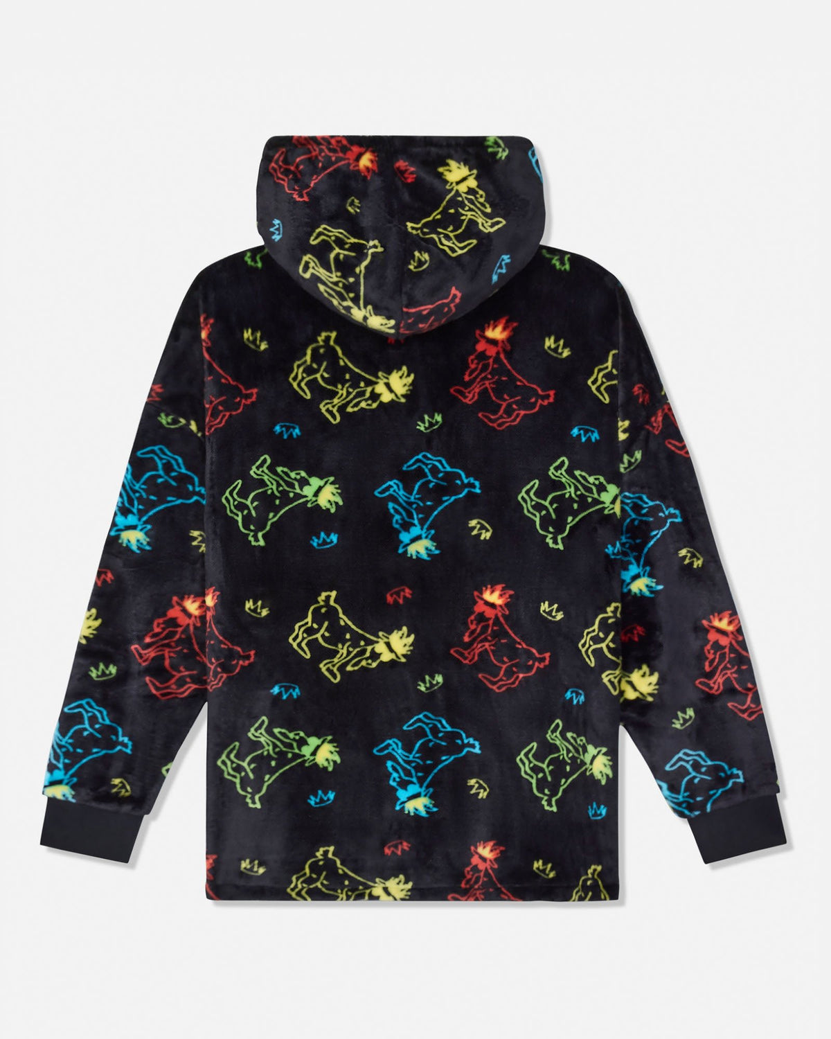 A black hooded sweatshirt with a colorful neon goat print, shown from the back against a light gray background.