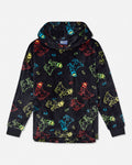 A black fleece hoodie with an all-over neon-colored cowboy print, displayed flat against a light gray background.