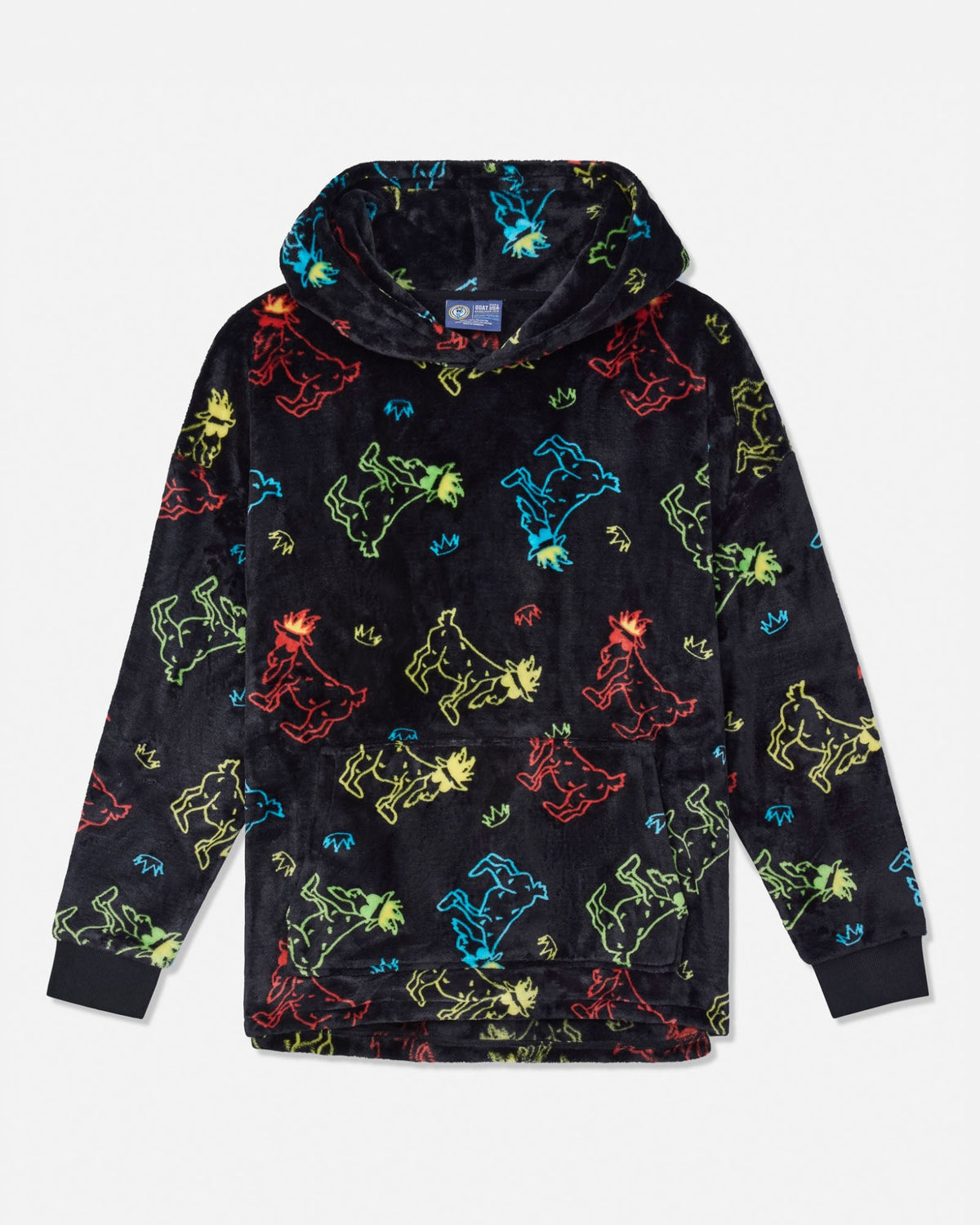A black fleece hoodie with an all-over neon-colored cowboy print, displayed flat against a light gray background.