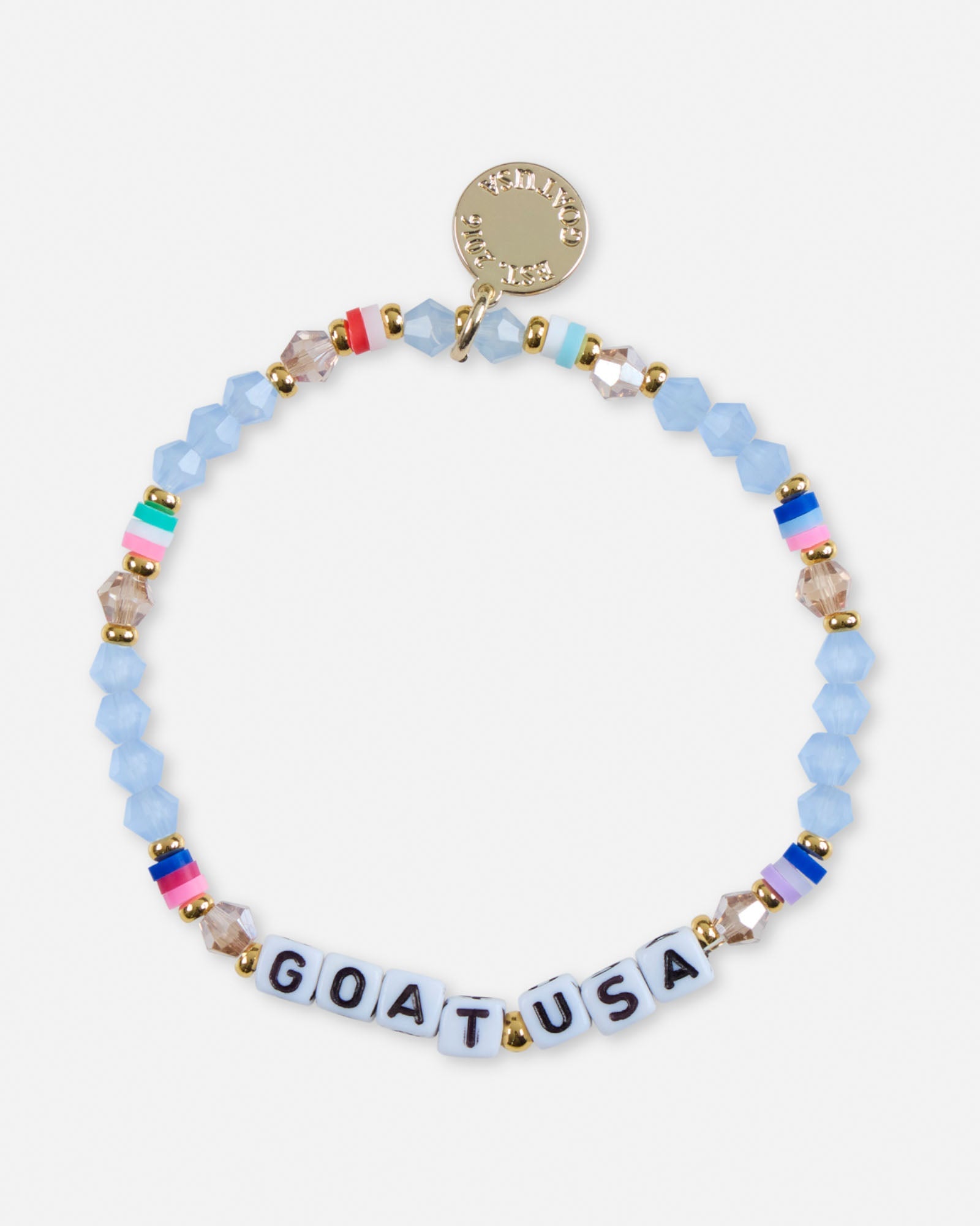 Colorful beaded bracelet with 'GOAT USA' charm on a white background