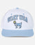 Head-on shot of white flat brim with "GOAT USA" text and Chuck the GOAT
