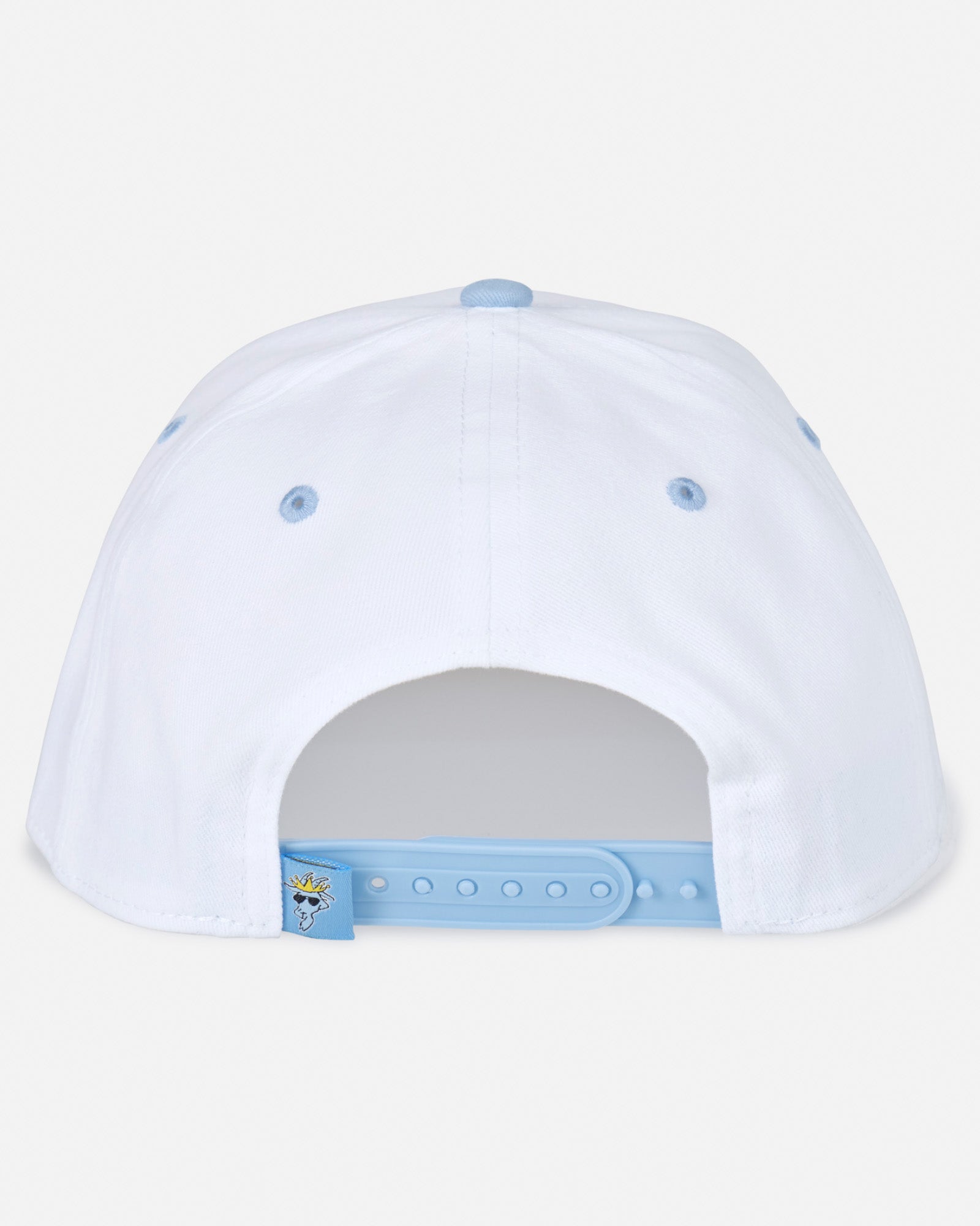 Back view of white flat brim with carolina blue strap