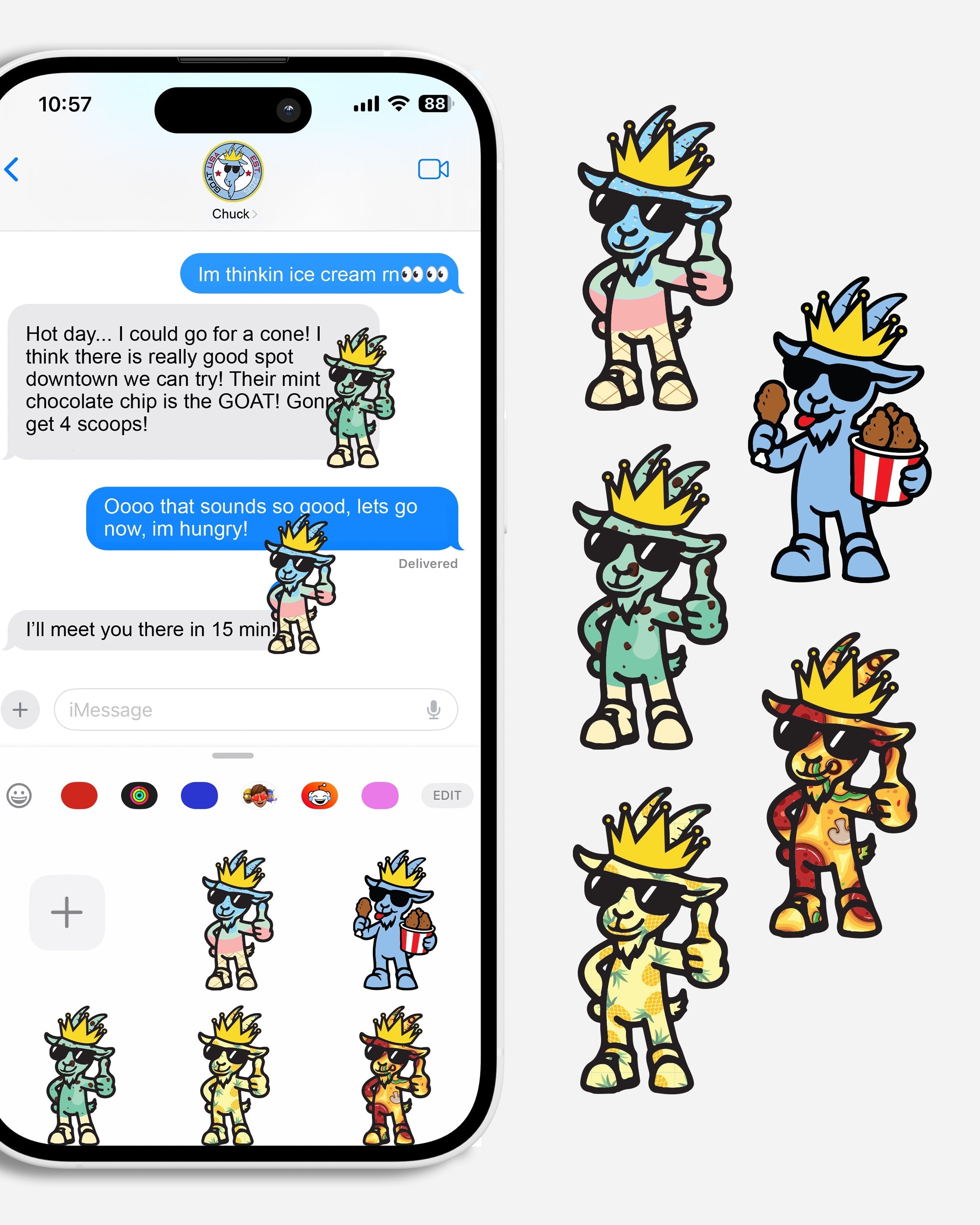 Phone with text conversation and various cartoon goat icons