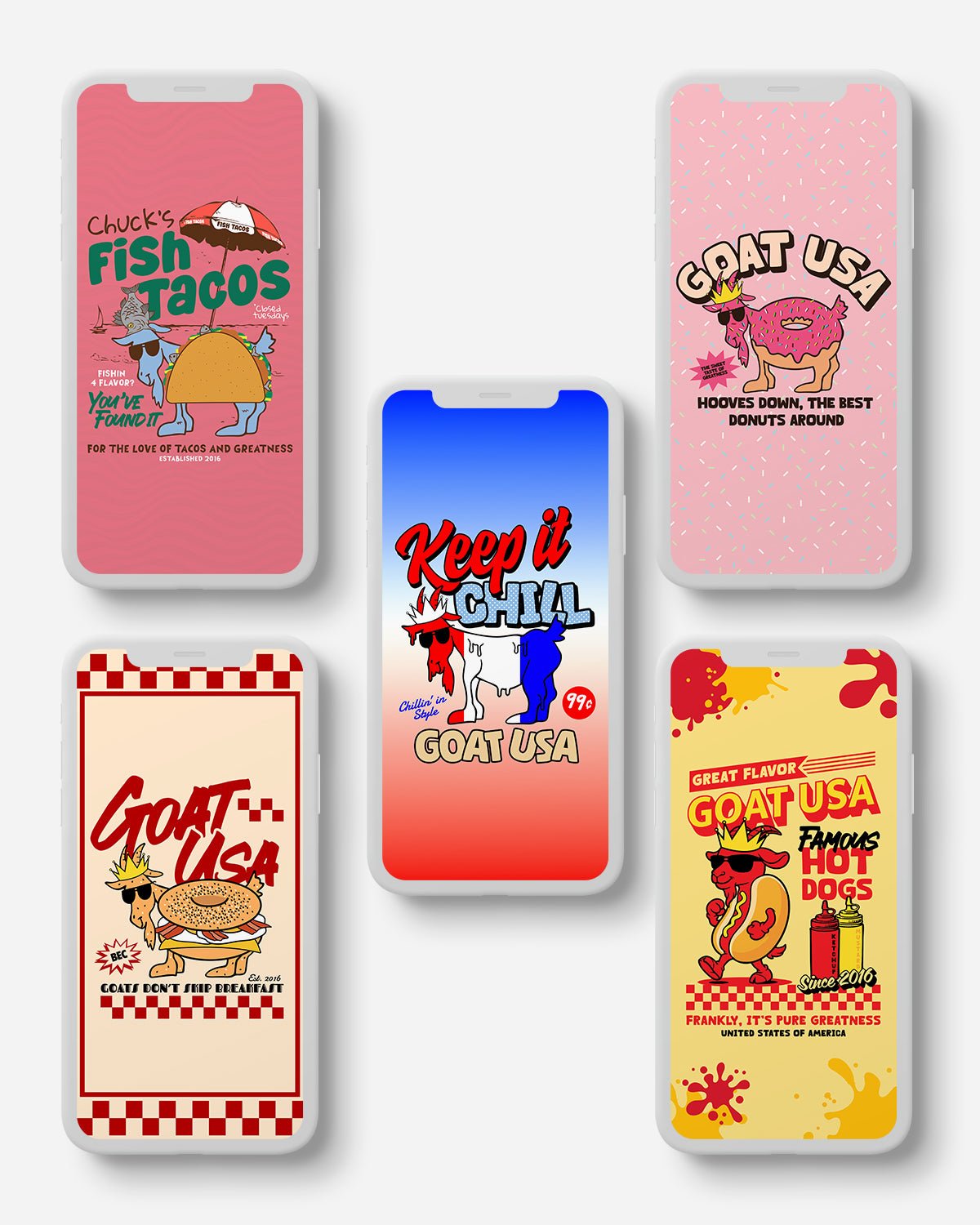 Set of phone cases with colorful designs and text on a light gray background