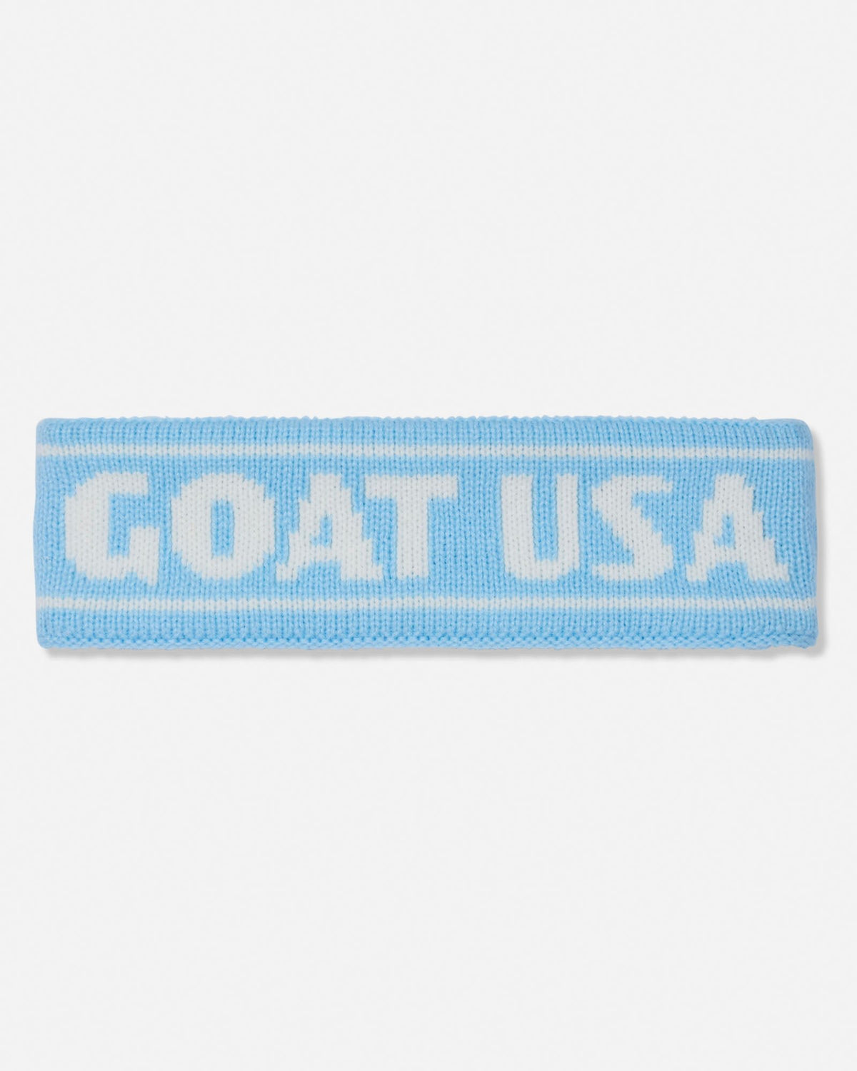 A light blue knit athletic headband with 'GOAT USA' knitted in white across the front, displayed on a clean white background.