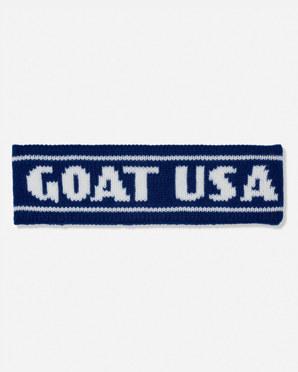 A navy blue knit headband with 'GOAT USA' written in bold white letters across the front, set against a plain white background.