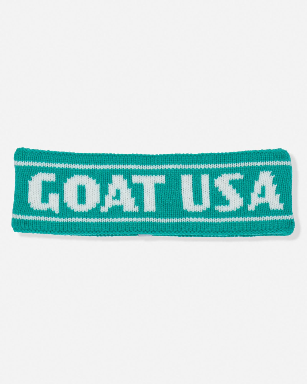 A teal green knit headband with 'GOAT USA' knitted in white across the front, displayed on a clean white background.