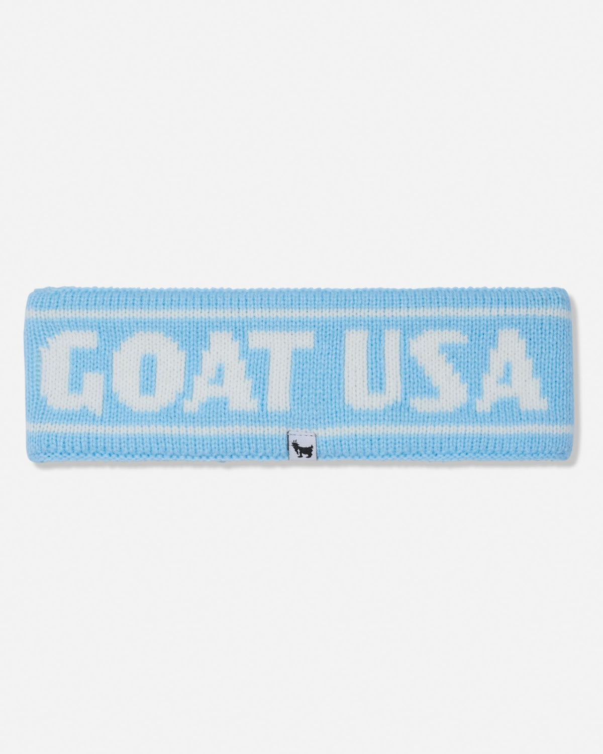 A light blue knit athletic headband with 'GOAT USA' knitted in white across the front, featuring a small black goat logo below the text, set against a plain white background.