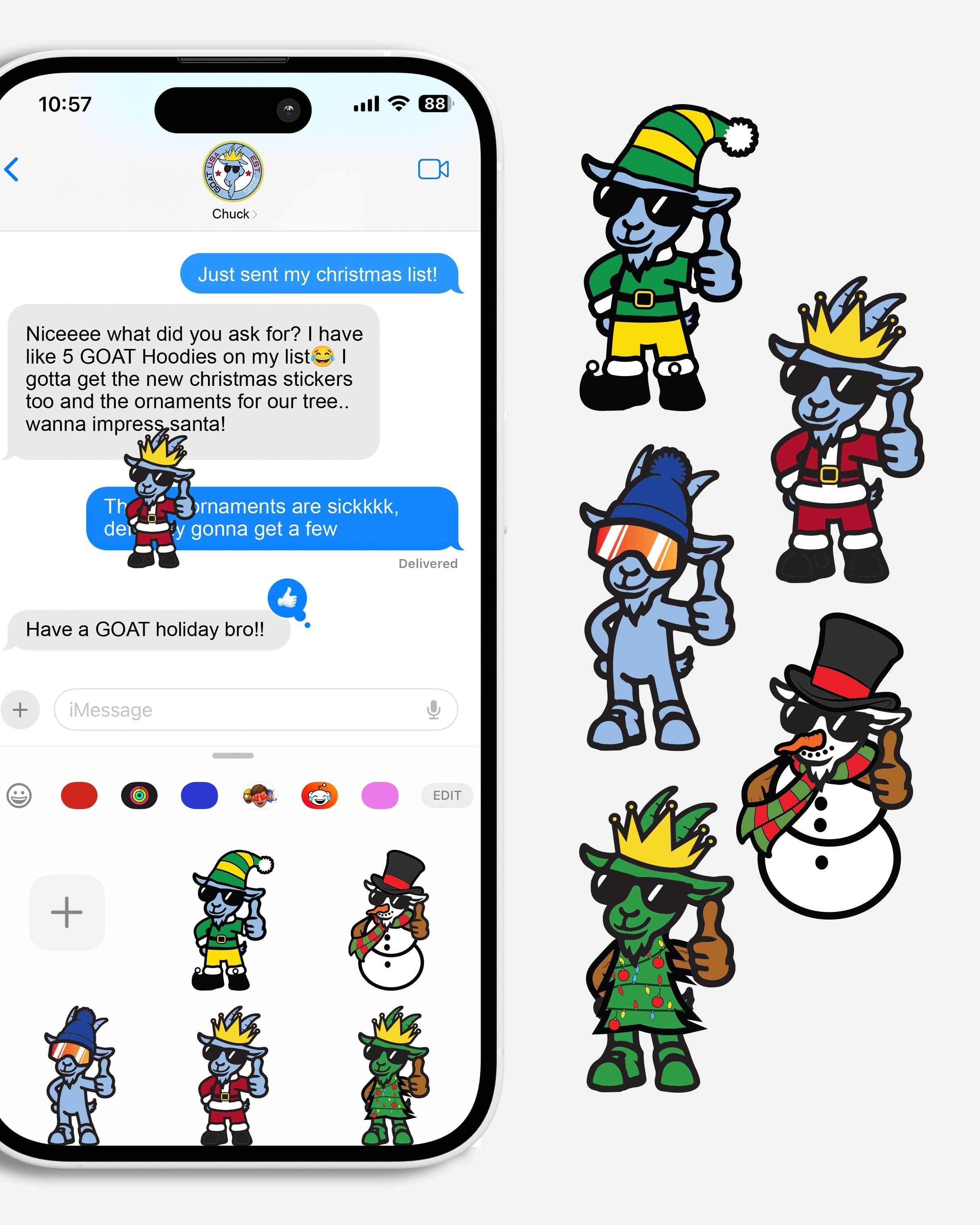 Phone with text conversation and various cartoon goat icons