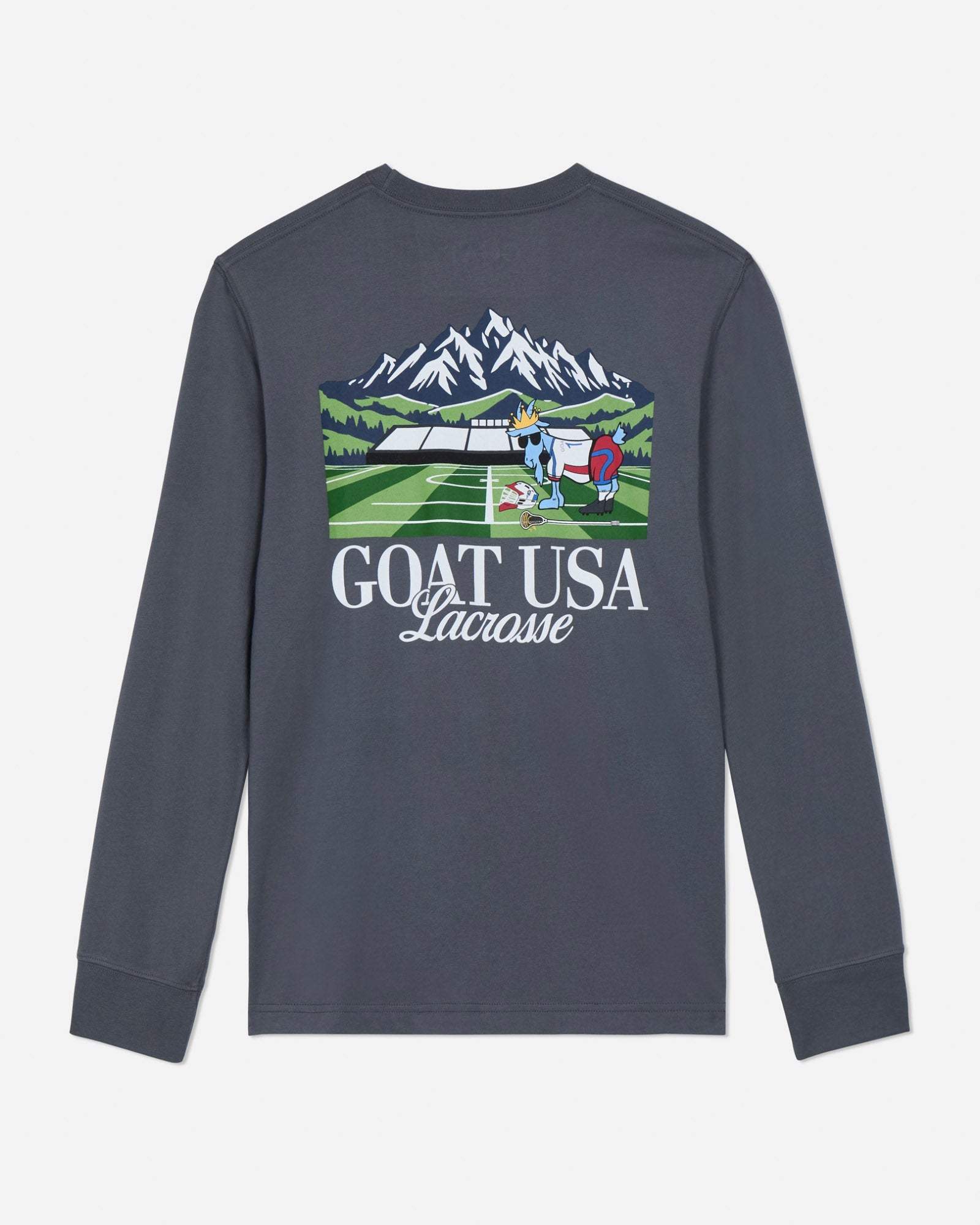 Gray long-sleeve shirt with lacrosse graphic and 'GOAT USA Lacrosse' text on a light gray background