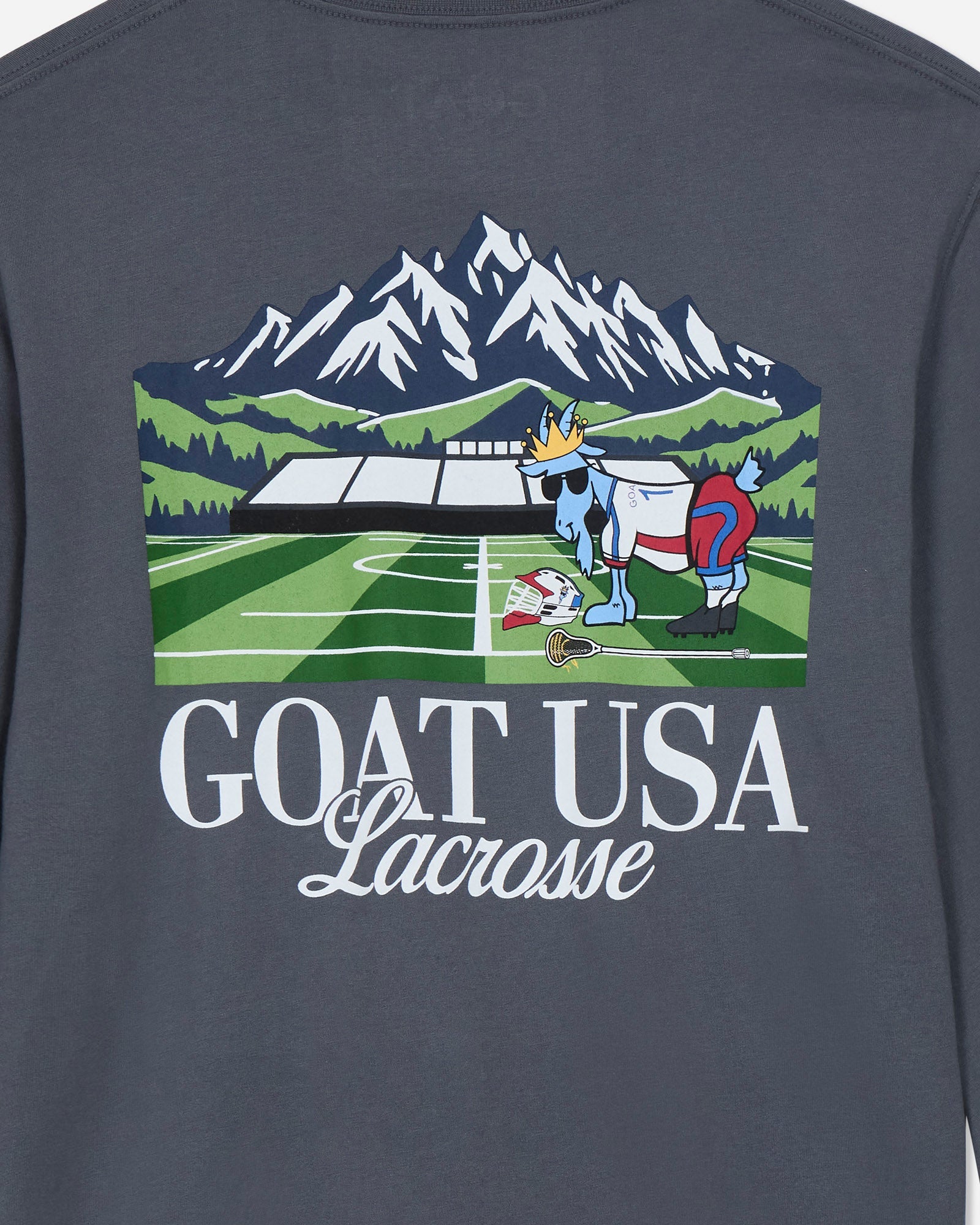 Gray t-shirt with 'GOAT USA Lacrosse' graphic featuring a goat playing lacrosse on a field with mountains.