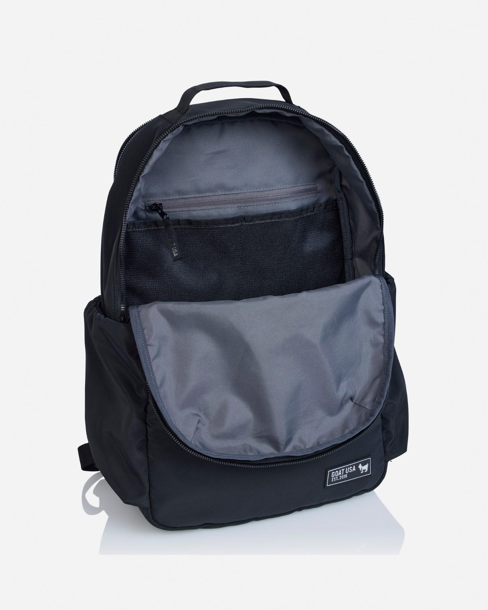 Black backpack with main compartment open