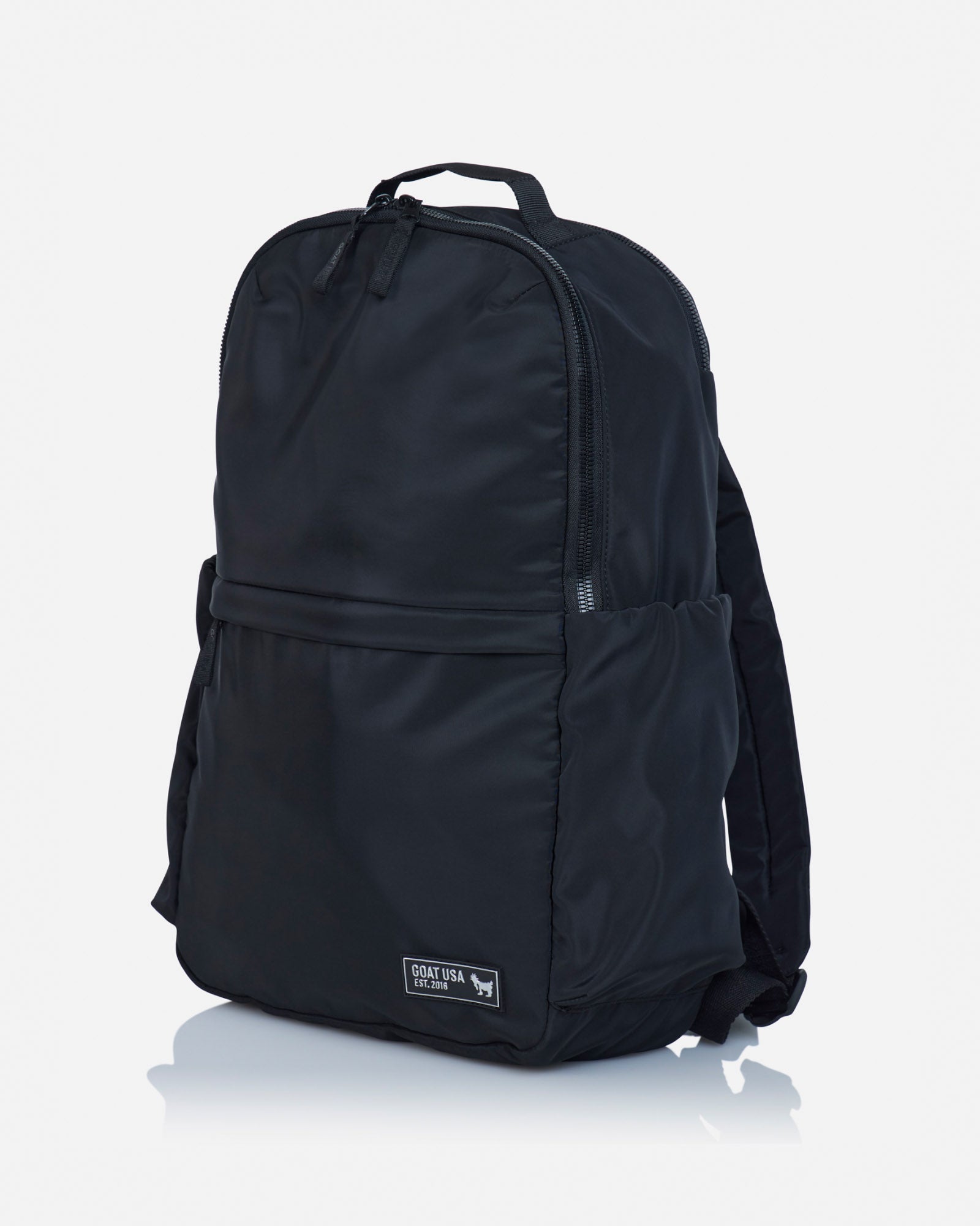 Angled view of simple black backpack